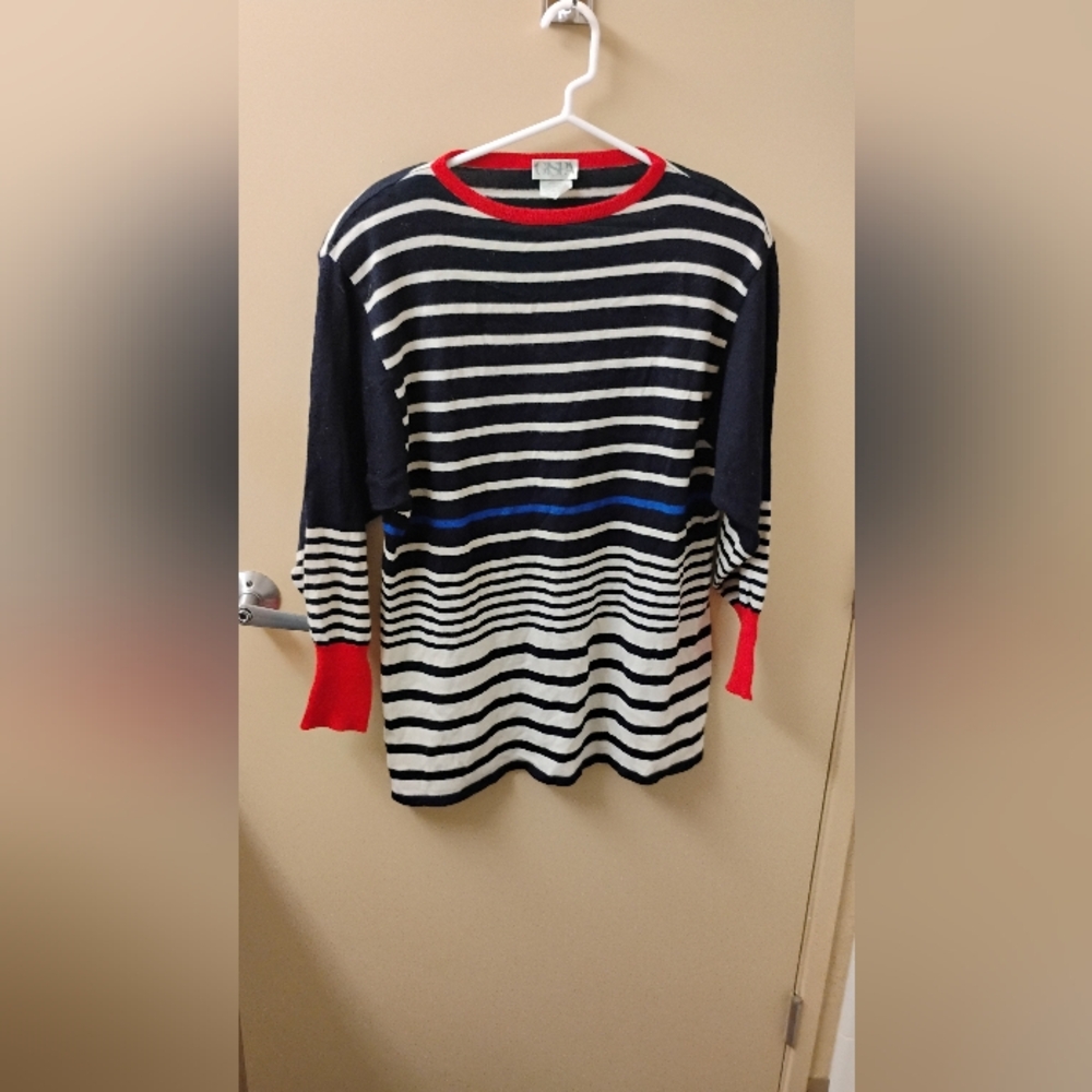 Vintage 1980s Gispa Striped Crewneck Wool Blend Puff Sleeve Sweater